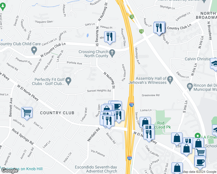 map of restaurants, bars, coffee shops, grocery stores, and more near 1057 Sunset Heights Road in Escondido