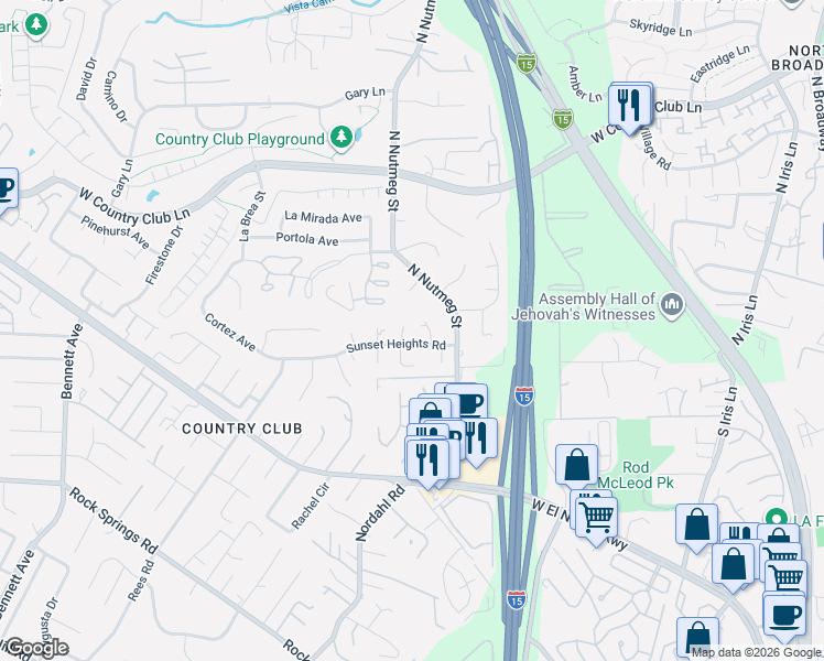 map of restaurants, bars, coffee shops, grocery stores, and more near 1057 Sunset Heights Road in Escondido