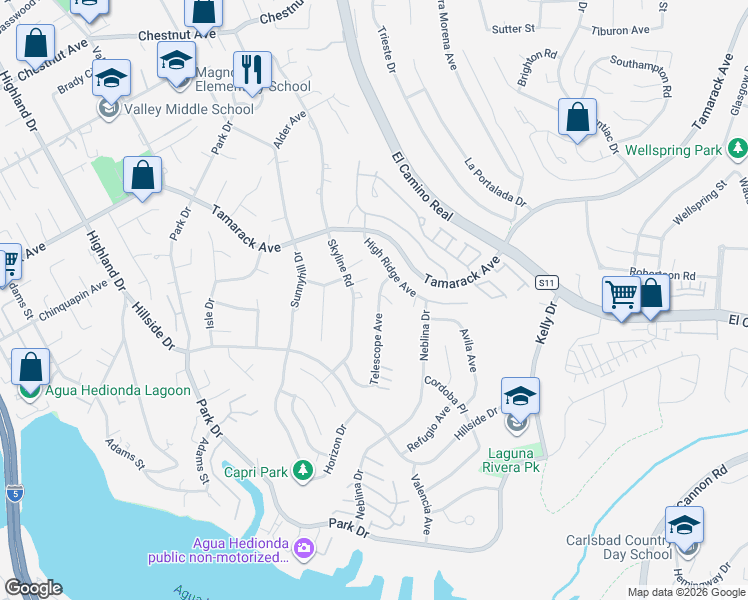 map of restaurants, bars, coffee shops, grocery stores, and more near 4639 Telescope Avenue in Carlsbad