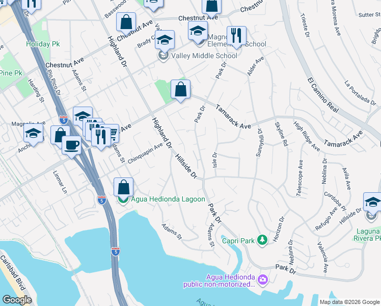 map of restaurants, bars, coffee shops, grocery stores, and more near 4141 Parkside Place in Carlsbad