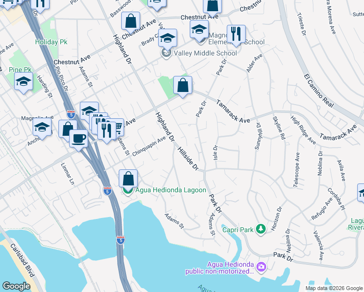 map of restaurants, bars, coffee shops, grocery stores, and more near 4158 Highland Drive in Carlsbad