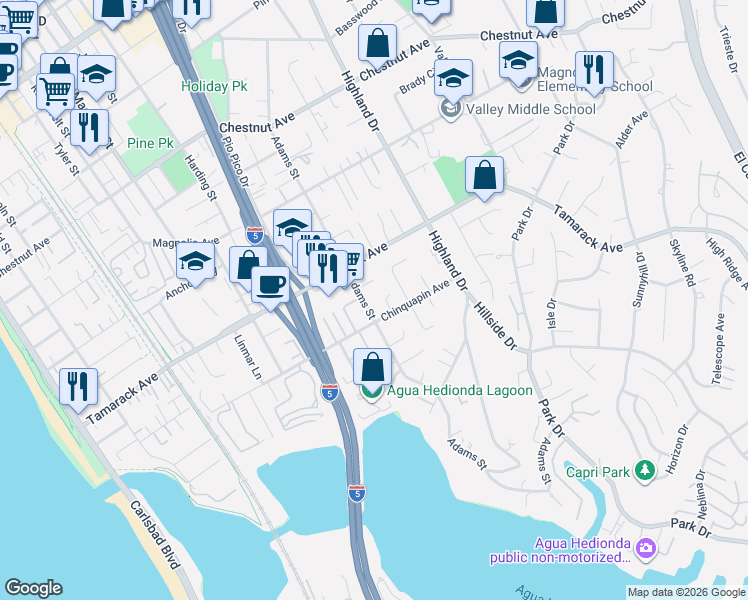 map of restaurants, bars, coffee shops, grocery stores, and more near 3969 Adams Street in Carlsbad