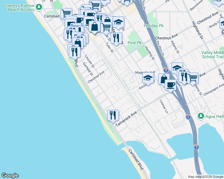 map of restaurants, bars, coffee shops, grocery stores, and more near 318 Juniper Avenue in Carlsbad