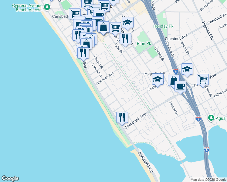 map of restaurants, bars, coffee shops, grocery stores, and more near 3564 Garfield Street in Carlsbad