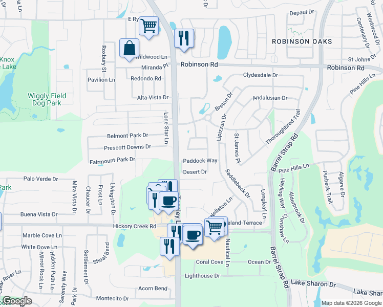 map of restaurants, bars, coffee shops, grocery stores, and more near 2824 Paddock Way in Denton