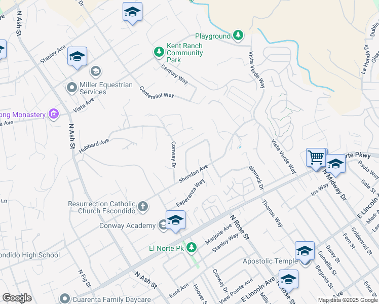 map of restaurants, bars, coffee shops, grocery stores, and more near 1572 Tibidabo Drive in Escondido