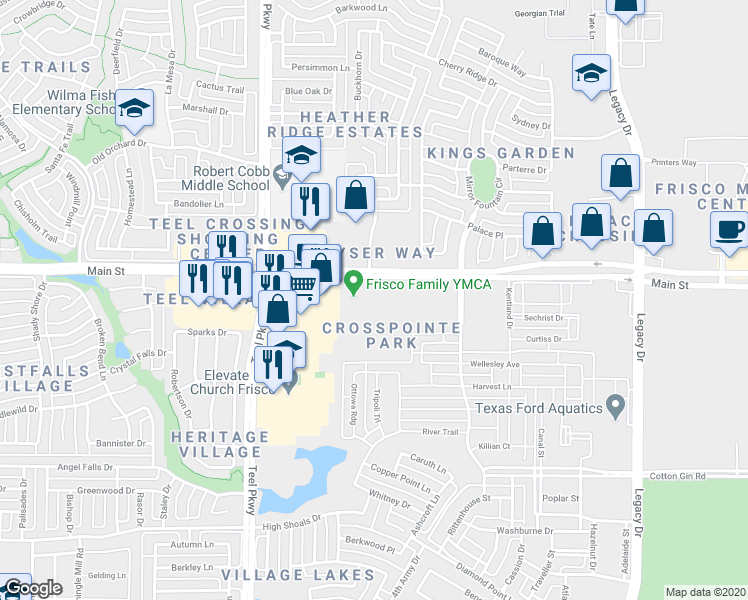 map of restaurants, bars, coffee shops, grocery stores, and more near 3521 West Main Street in Frisco