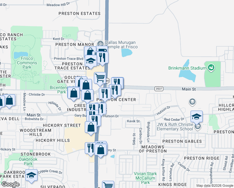 map of restaurants, bars, coffee shops, grocery stores, and more near 8992 Preston Road in Frisco