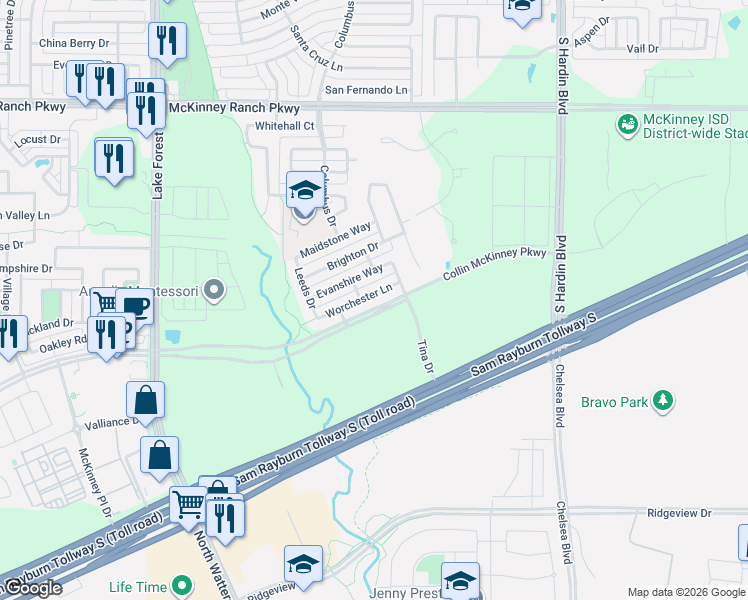 map of restaurants, bars, coffee shops, grocery stores, and more near 4529 Worchester Lane in McKinney