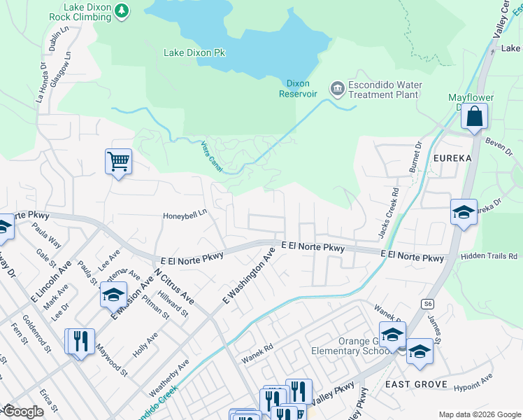 map of restaurants, bars, coffee shops, grocery stores, and more near 2739 Prairiestone Way in Escondido