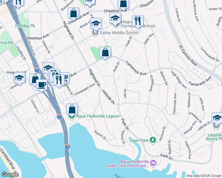 map of restaurants, bars, coffee shops, grocery stores, and more near 4141 Parkside Place in Carlsbad