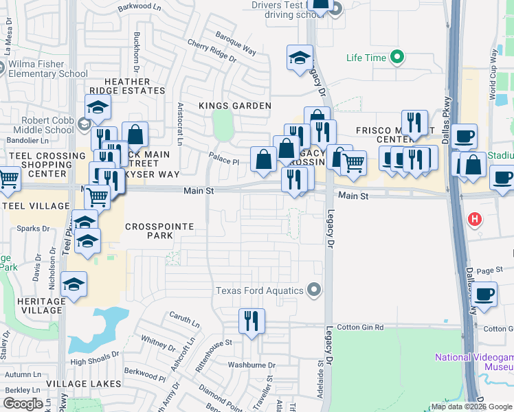 map of restaurants, bars, coffee shops, grocery stores, and more near 4202 Sechrist Drive in Frisco