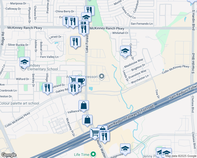 map of restaurants, bars, coffee shops, grocery stores, and more near 4833 Shore Crest Drive in McKinney