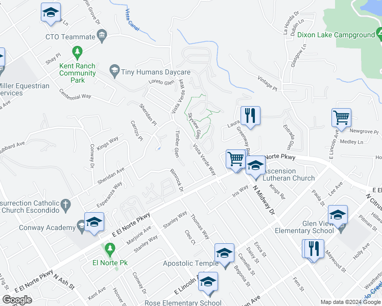 map of restaurants, bars, coffee shops, grocery stores, and more near 1851 Normandy Glen in Escondido