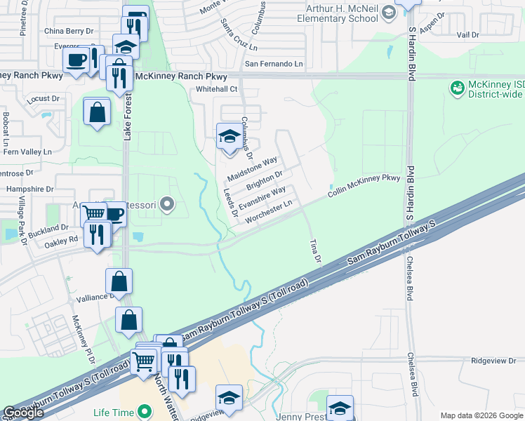 map of restaurants, bars, coffee shops, grocery stores, and more near 4609 Worchester Lane in McKinney
