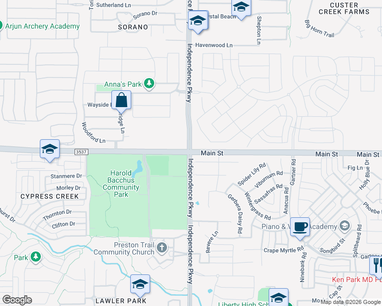 map of restaurants, bars, coffee shops, grocery stores, and more near 8844 Independence Parkway in Frisco