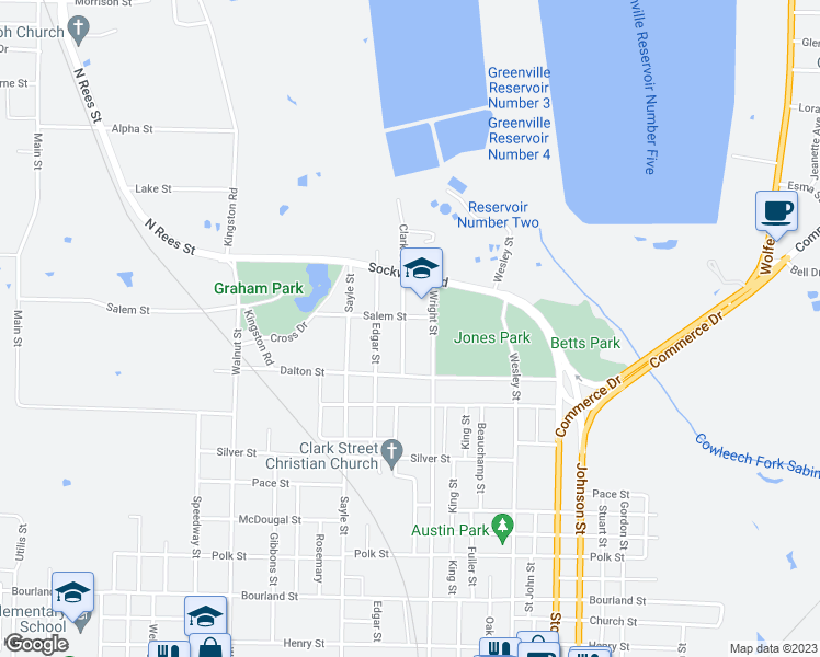 map of restaurants, bars, coffee shops, grocery stores, and more near 913 Clark Street in Greenville