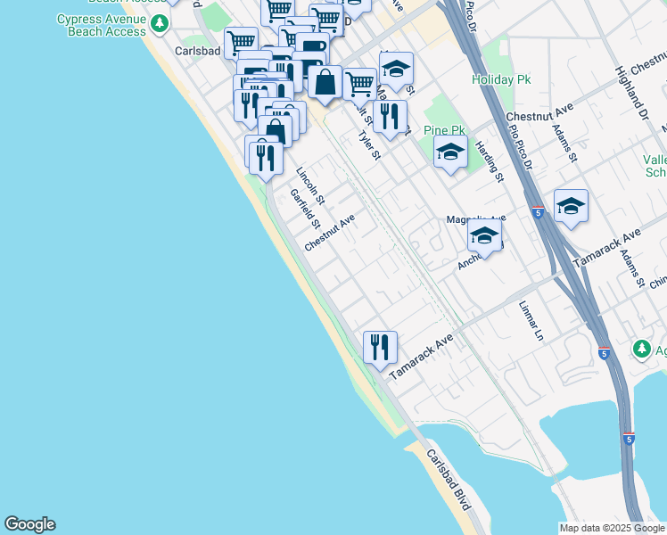map of restaurants, bars, coffee shops, grocery stores, and more near 3490 Carlsbad Boulevard in Carlsbad
