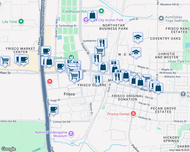 map of restaurants, bars, coffee shops, grocery stores, and more near 6235 Main Street in Frisco