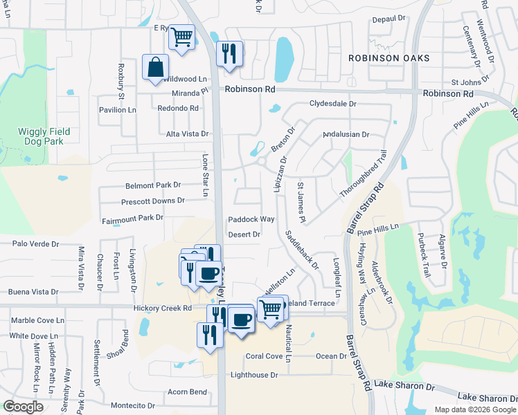 map of restaurants, bars, coffee shops, grocery stores, and more near 2918 Lonesome Trail in Denton