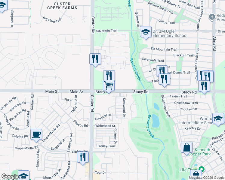 map of restaurants, bars, coffee shops, grocery stores, and more near 8700 West Stacy Road in McKinney