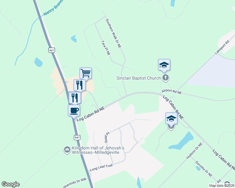 map of restaurants, bars, coffee shops, grocery stores, and more near 136 Log Cabin Road Northeast in Milledgeville