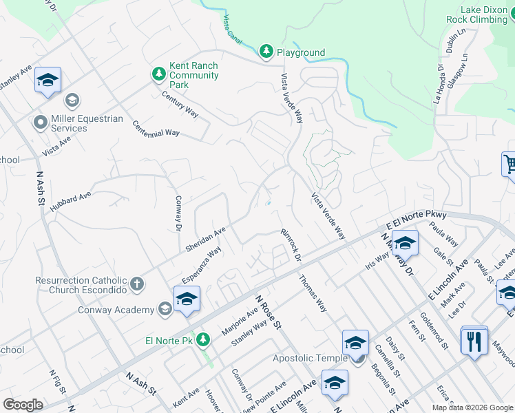 map of restaurants, bars, coffee shops, grocery stores, and more near 1719 Sheridan Avenue in Escondido