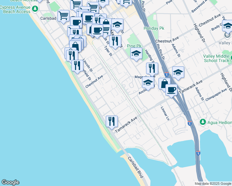 map of restaurants, bars, coffee shops, grocery stores, and more near 378 Acacia Avenue in Carlsbad