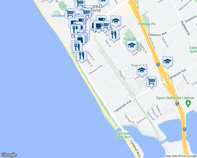 map of restaurants, bars, coffee shops, grocery stores, and more near 3423 Garfield Street in Carlsbad