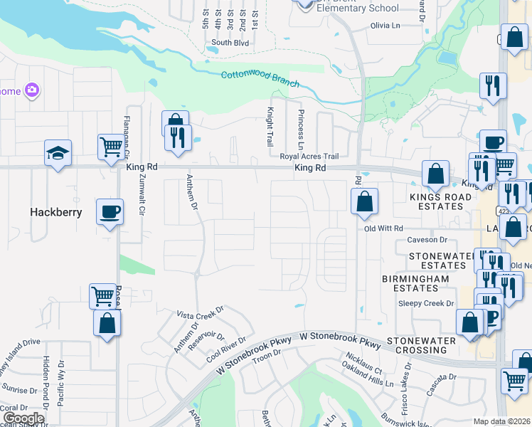 map of restaurants, bars, coffee shops, grocery stores, and more near 14965 King Rd in Frisco