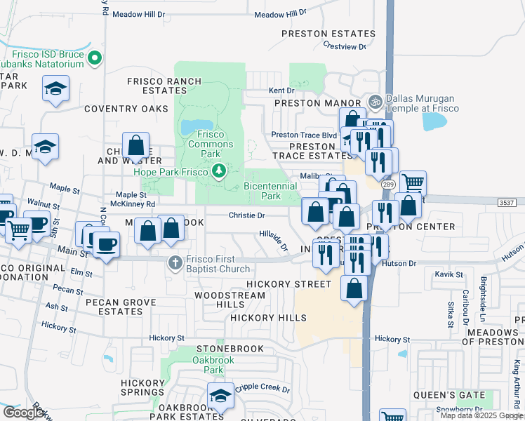 map of restaurants, bars, coffee shops, grocery stores, and more near 8340 Christie Drive in Frisco