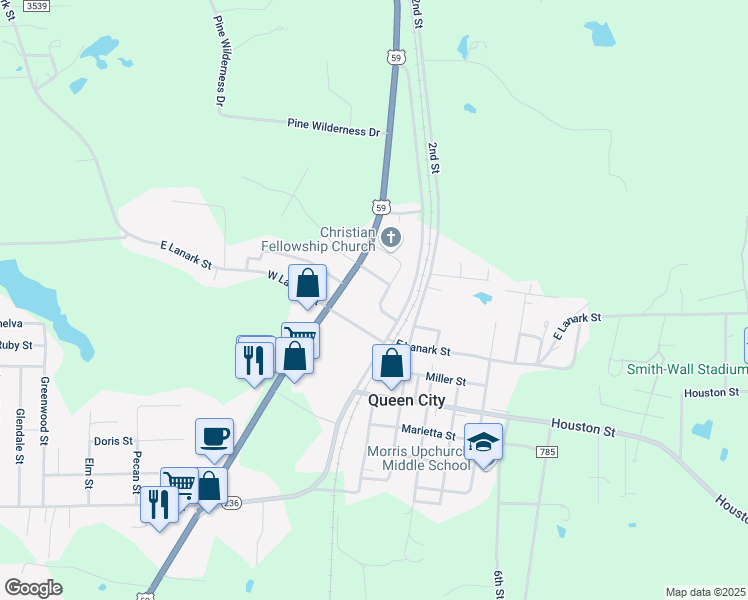 map of restaurants, bars, coffee shops, grocery stores, and more near 1102 U.S. 59 in Queen City