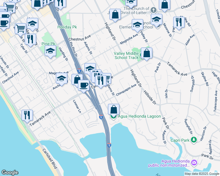 map of restaurants, bars, coffee shops, grocery stores, and more near Adams Street in Carlsbad