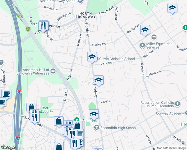 map of restaurants, bars, coffee shops, grocery stores, and more near 1868-1984 North Broadway in Escondido