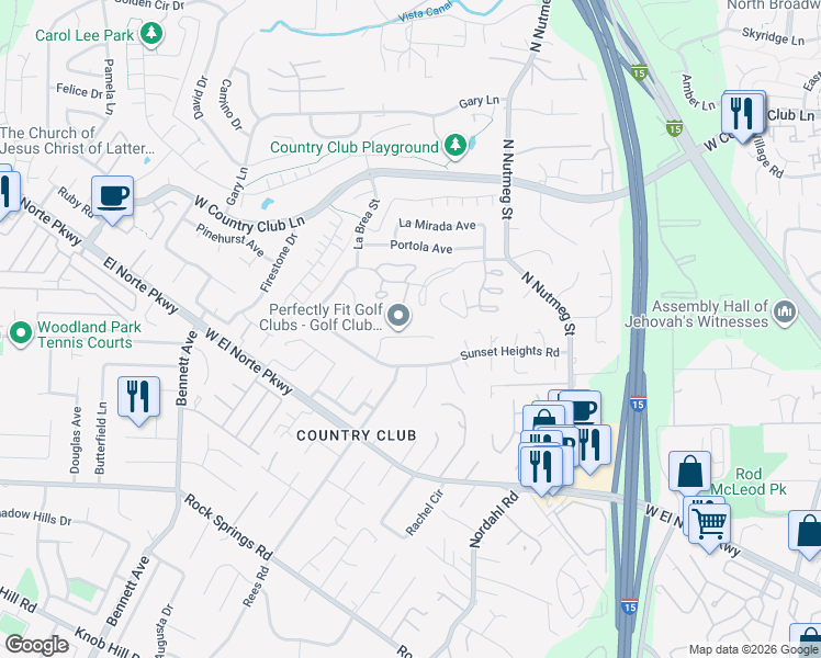map of restaurants, bars, coffee shops, grocery stores, and more near 1280 La Paloma Glen in Escondido
