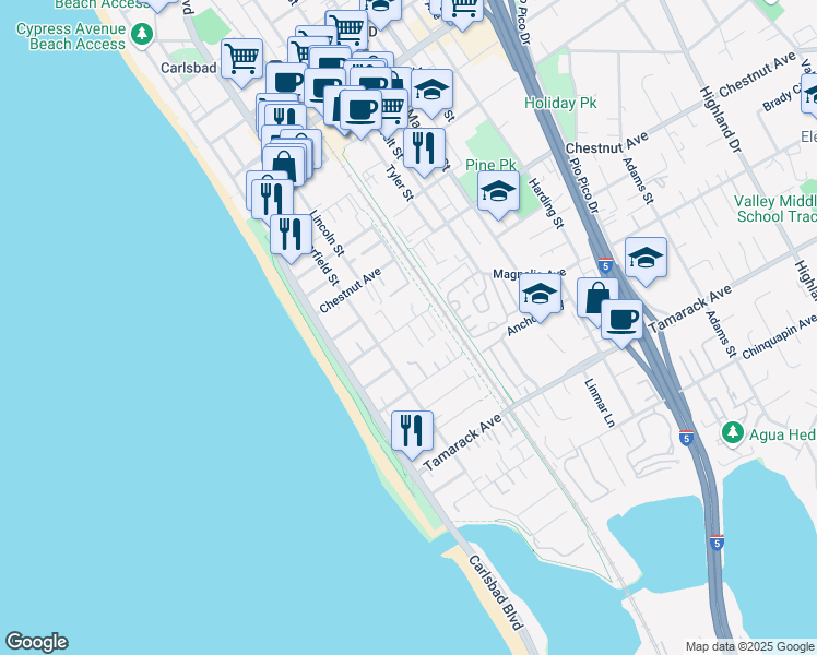 map of restaurants, bars, coffee shops, grocery stores, and more near 378 Acacia Avenue in Carlsbad