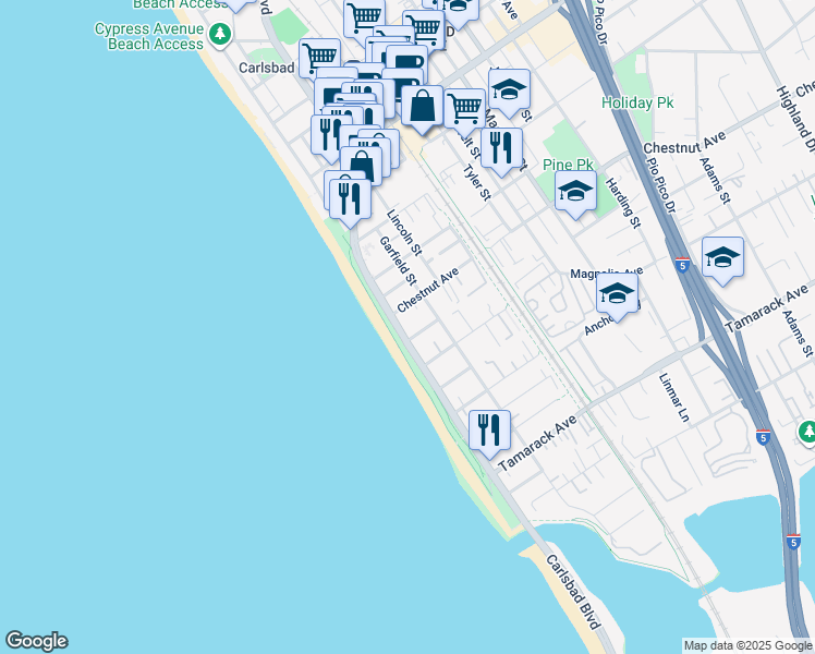 map of restaurants, bars, coffee shops, grocery stores, and more near 3423 Garfield Street in Carlsbad