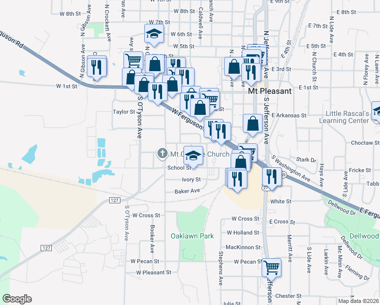 map of restaurants, bars, coffee shops, grocery stores, and more near 911 West Arizona Street in Mount Pleasant