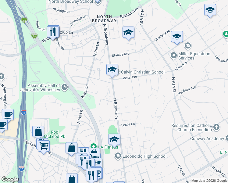 map of restaurants, bars, coffee shops, grocery stores, and more near 1868-1984 North Broadway in Escondido