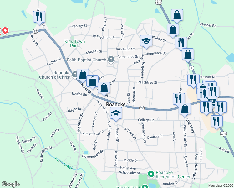 map of restaurants, bars, coffee shops, grocery stores, and more near 148 Trammell Street in Roanoke