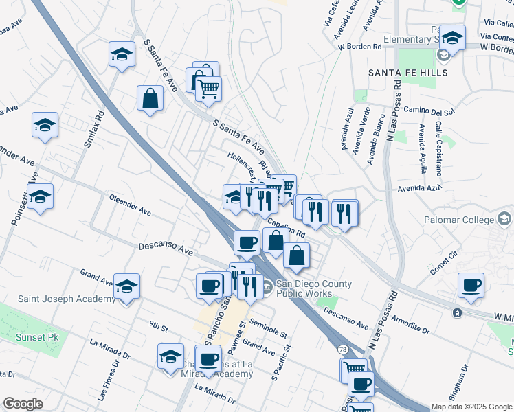 map of restaurants, bars, coffee shops, grocery stores, and more near 3566 De Leone Road in San Marcos
