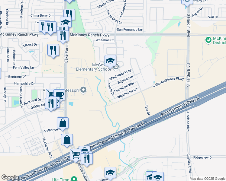 map of restaurants, bars, coffee shops, grocery stores, and more near 4740 Evanshire Way in McKinney