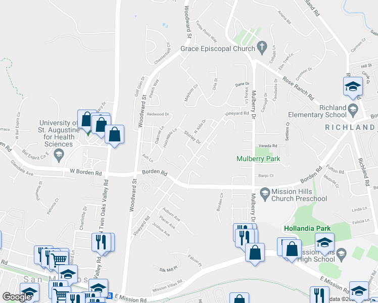 map of restaurants, bars, coffee shops, grocery stores, and more near 447 Merlot Avenue in San Marcos