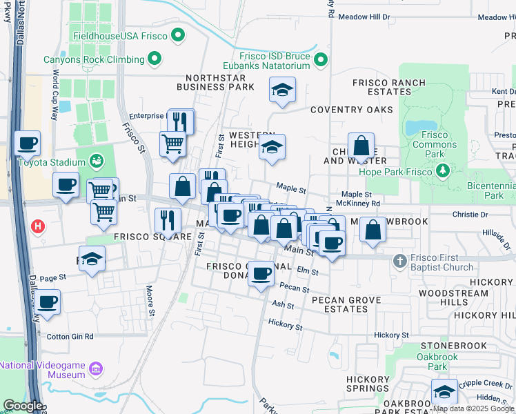 map of restaurants, bars, coffee shops, grocery stores, and more near 6872 Walnut Street in Frisco