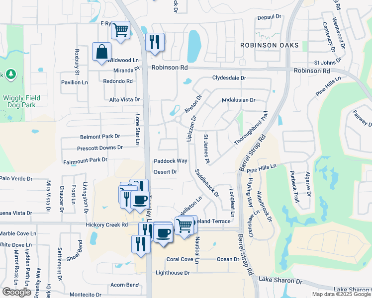 map of restaurants, bars, coffee shops, grocery stores, and more near 6105 English Saddle Lane in Denton