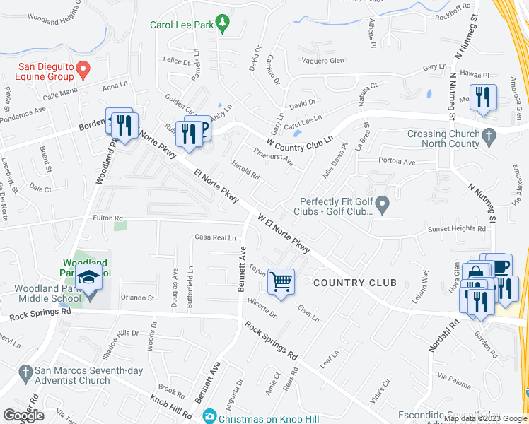 map of restaurants, bars, coffee shops, grocery stores, and more near 1708 Woodbridge Road in Escondido