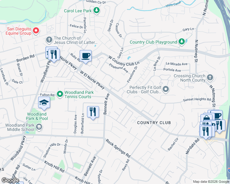 map of restaurants, bars, coffee shops, grocery stores, and more near 1731 Firestone Drive in Escondido
