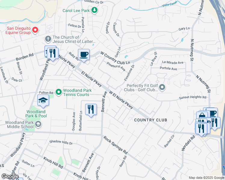 map of restaurants, bars, coffee shops, grocery stores, and more near 1708 Woodbridge Road in Escondido