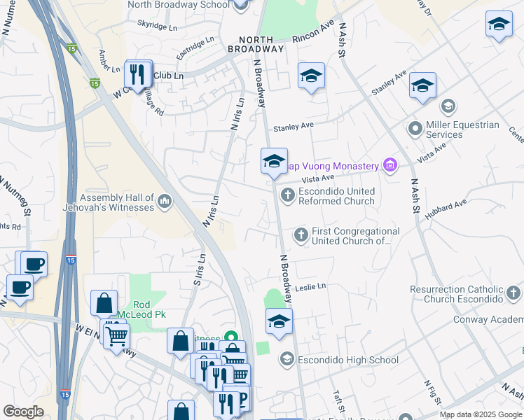 map of restaurants, bars, coffee shops, grocery stores, and more near 1944 North Iris Lane in Escondido