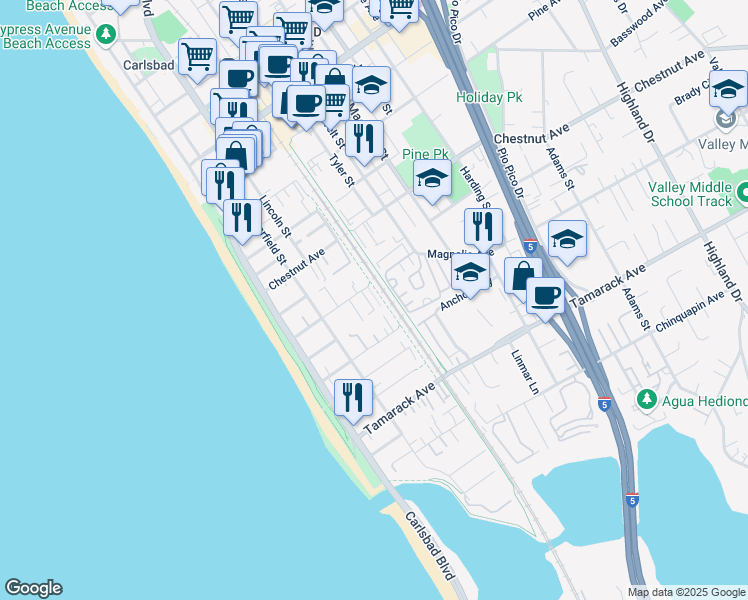 map of restaurants, bars, coffee shops, grocery stores, and more near 378 Acacia Avenue in Carlsbad